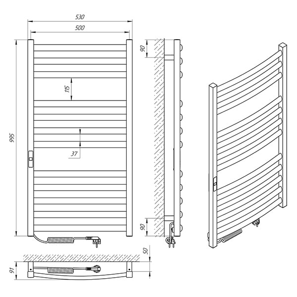 Схема - Полотенцесушитель Laris Гранд П12 500 х 1000 Э (подкл. слева)