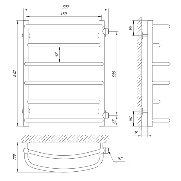 Схема - Водяной полотенцесушитель Laris Евромикс П6 450 х 600 б/п 1" мц 500