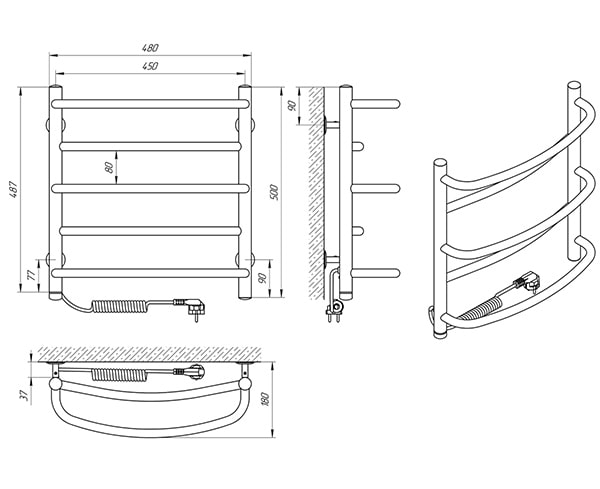 Схема - Полотенцесушитель Laris Евромикс П5 450 х 500 Э (подкл. слева)