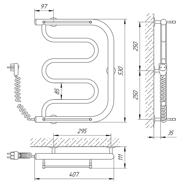 Схема - Полотенцесушитель Laris Фокстрот П 400 х 500 Э (подкл. слева)