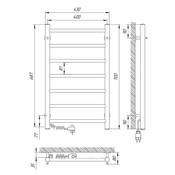 Схема - Полотенцесушитель Альфа П7 400х700 Электро (подкл. слева)