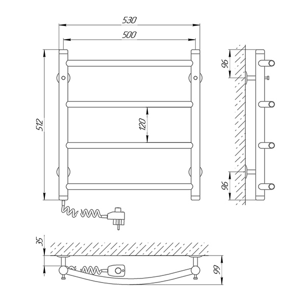 Схема - Электрический полотенцесушитель Laris Классик П4 500 х 500 Э (подкл. слева)