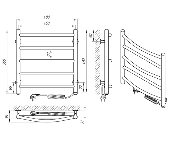 Схема - Полотенцесушитель Laris Микс П5 450 х 500 Э (подкл. справа)