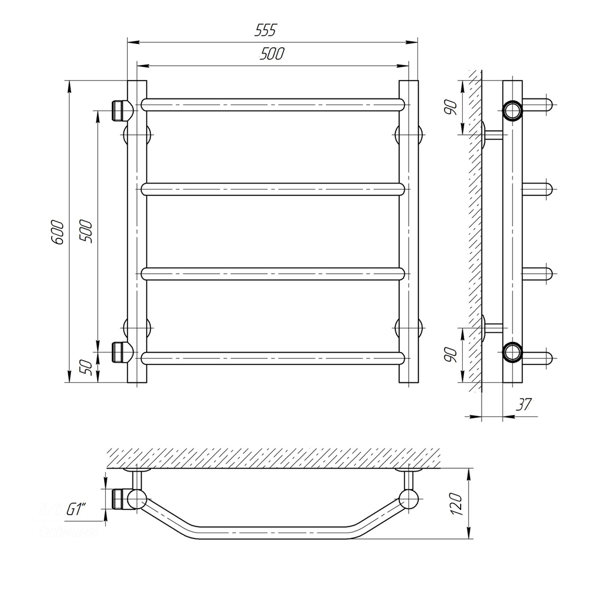 Схема - Водяной полотенцесушитель Laris Виктория П4 500 х 600 б/п 1" мц 500