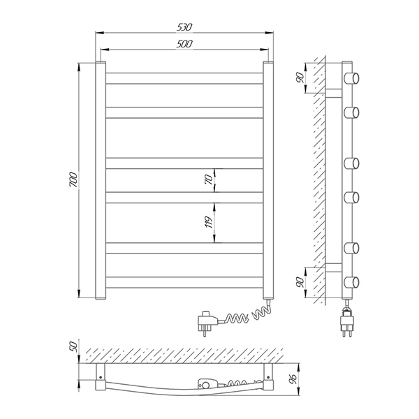 Схема - Полотенцесушитель Laris Зебра Атлант ЧК6 500 х 700 Э (подкл. справа)