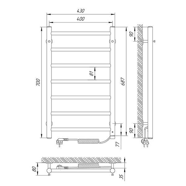 Схема - Полотенцесушитель Laris Альфа П7 400 х 700 Э (подкл. справа)