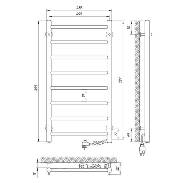 Схема - Рушникосушарка Альфа П8 400х800 Електро (підкл. справа)
