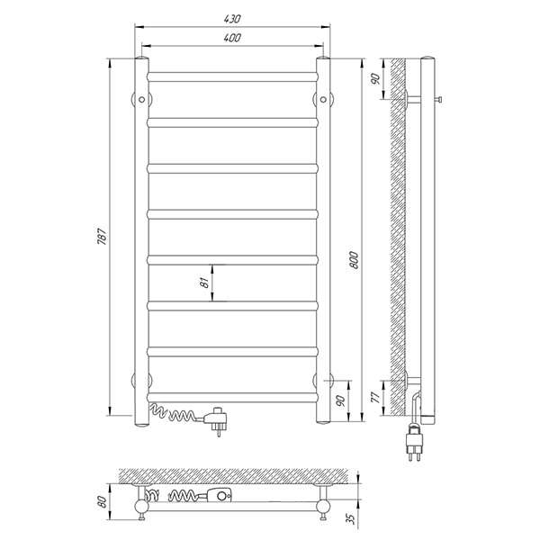 Схема - Рушникосушарка Laris Альфа П8 400 х 800 Е (підкл. зліва)