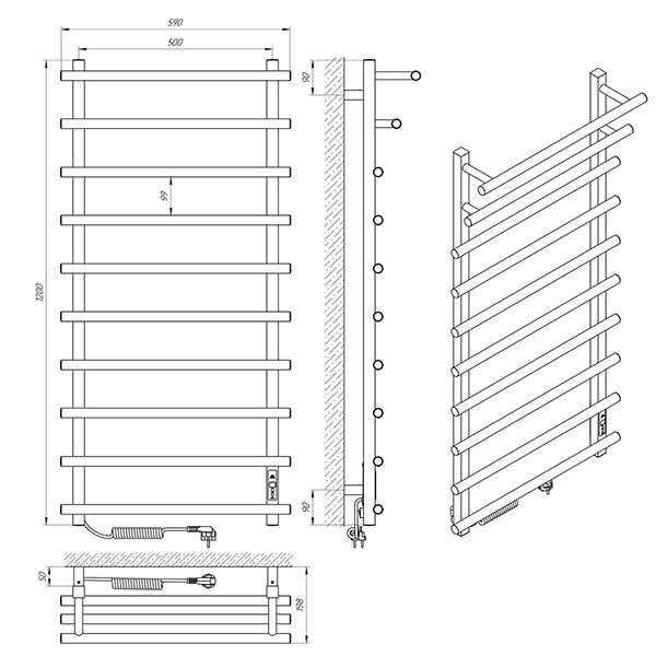 Схема - Полотенцесушитель Laris Каскад Премиум П10 500 х 1200 Э (подкл. слева)