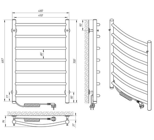 Схема - Рушникосушарка Laris Класік П7 450 х 700 Е (підкл. зліва)