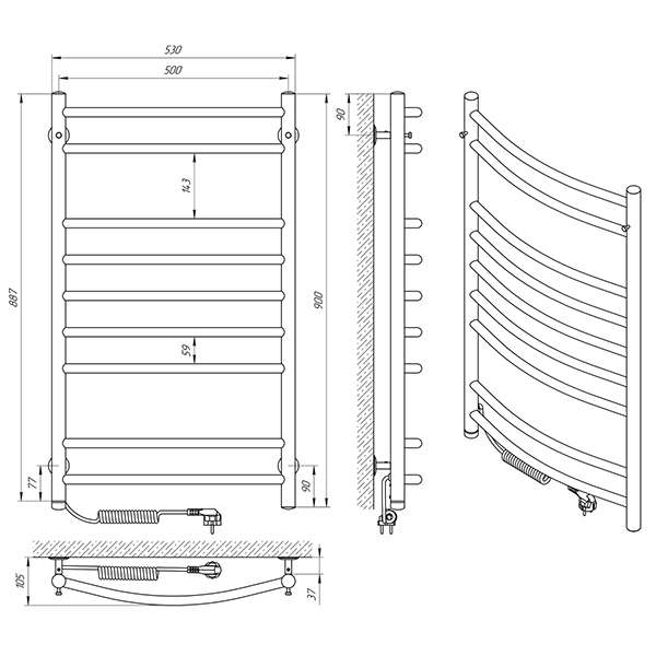 Схема - Полотенцесушитель Laris Классик П9 500 х 900 Э (подкл. слева)