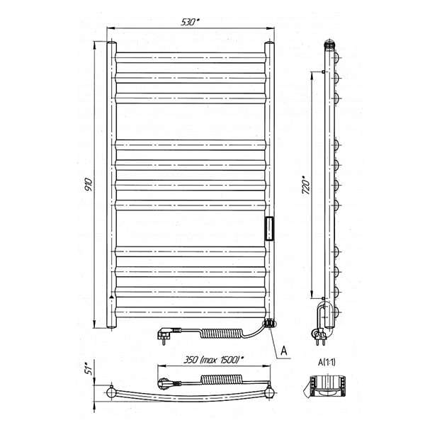 Схема - Электрический полотенцесушитель Laris Классик Премиум П11 500 х 900 Э (подкл. справа) S