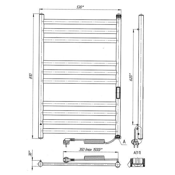 Схема - Електрична рушникосушарка Laris Кватро П10 500 х 800 Е (підкл. справа) S