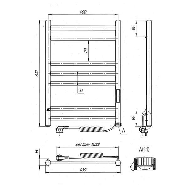 Схема - Полотенцесушитель Laris Кватро П7 400 х 600 Э (подкл. справа) S