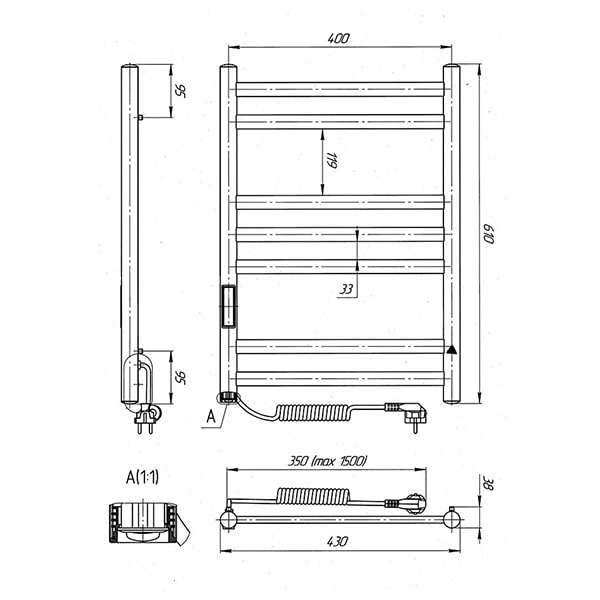 Схема - Рушникосушарка Laris Кватро П7 400 х 600 Е (підкл. зліва) S