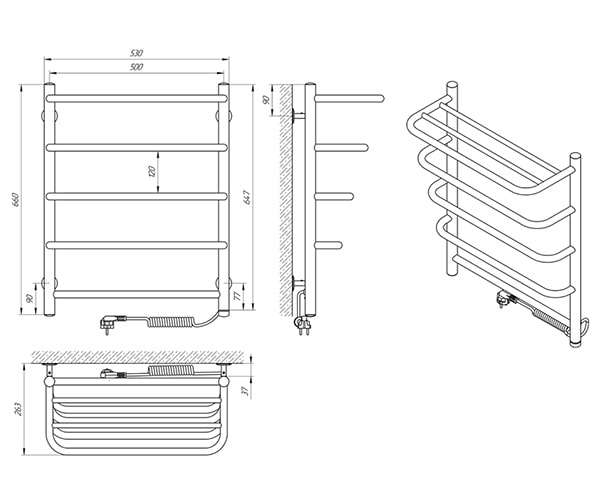 Схема - Рушникосушарка Laris Стандарт П5 500 х 660 з полицею Е (підкл. справа)