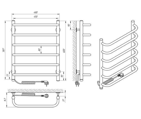 Схема - Полотенцесушитель Laris Стандарт П6 450 х 600 Э (подкл. слева)