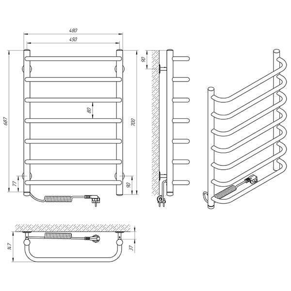 Схема - Електрична рушникосушарка Laris Стандарт П7 450 х 700 Е (підкл. зліва)