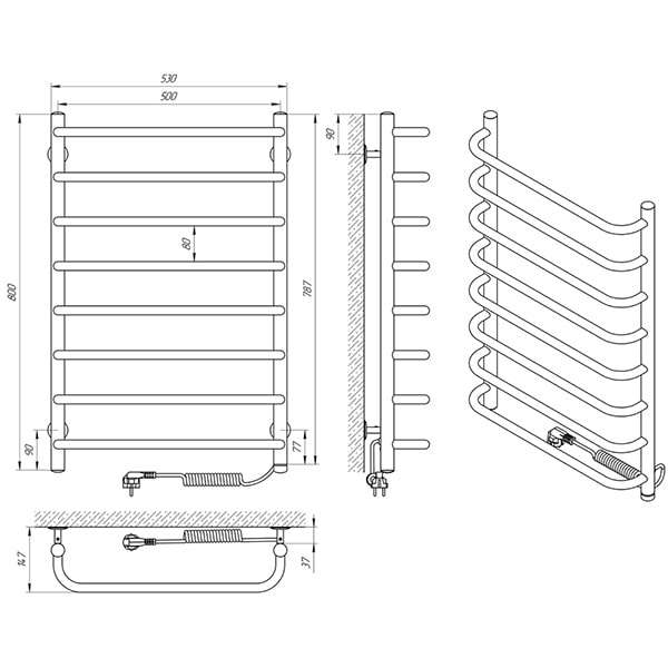 Схема - Електрична рушникосушарка Laris Стандарт П8 500 х 800 Е (підкл. справа)