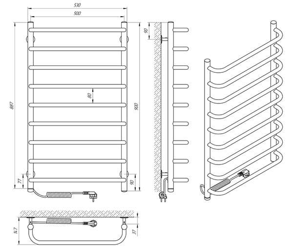 Схема - Електрична рушникосушарка Laris Стандарт П9 500 х 900 Е (підкл. зліва)