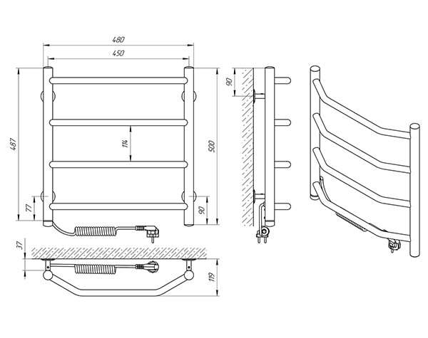 Схема - Полотенцесушитель Laris Виктория П4 450 х 500 Э (подкл. слева)