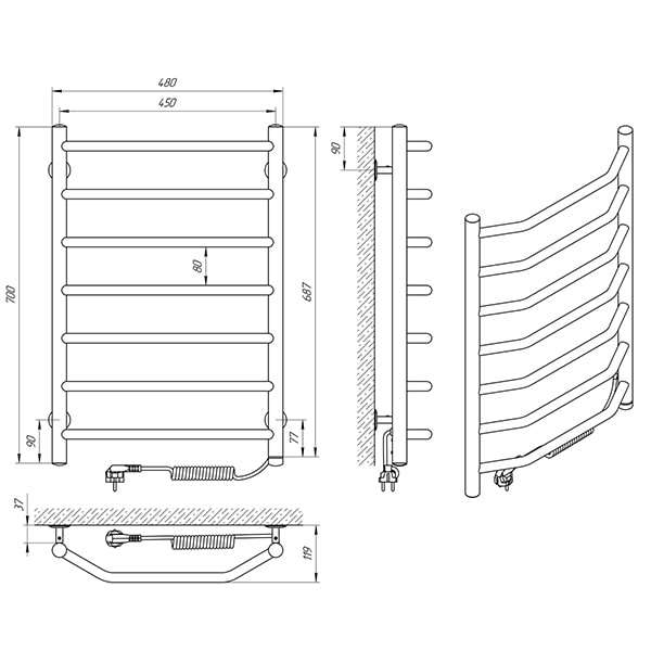 Схема - Рушникосушарка Laris Вікторія П7 450 х 700 Е (підкл. справа)