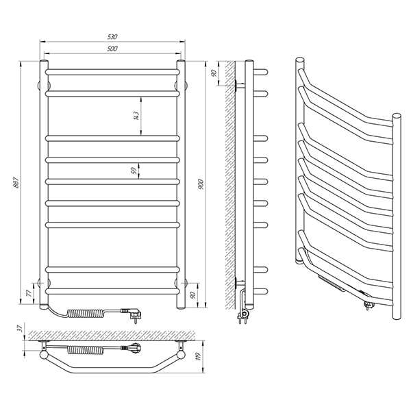Схема - Полотенцесушитель Laris Виктория П9 500 х 900 Э (подкл. слева)
