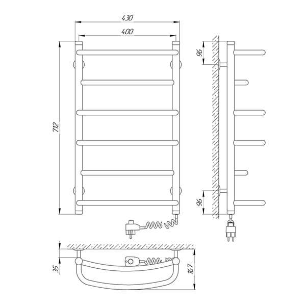 Схема - Полотенцесушитель Laris Еврофлеш П6 400 х 700 Э (подкл. справа)