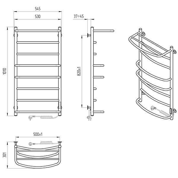Схема - Электрический полотенцесушитель Laris Еврофлеш П8 500 х 1000 с полкой Э (подкл. справа) S