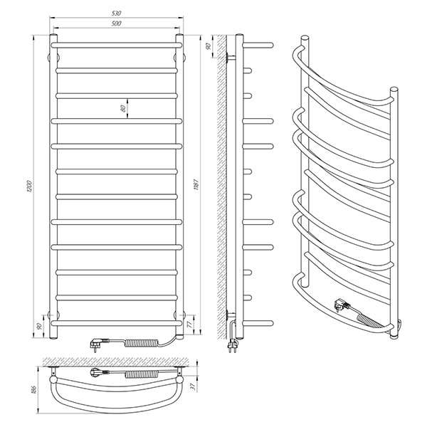 Схема - Електрична рушникосушарка Laris Євромікс П12 500 х 1200 Е (підкл. справа)
