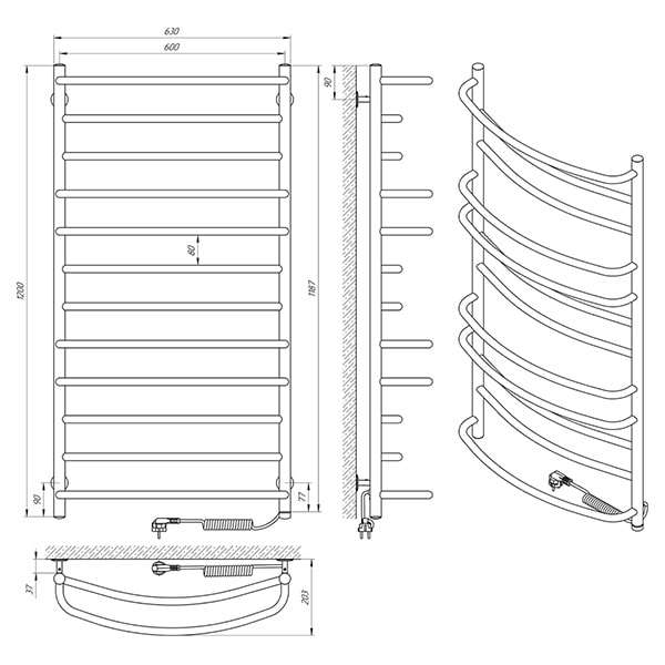 Схема - Електрична рушникосушарка Laris Євромікс П12 600 х 1200 Е (підкл. справа)