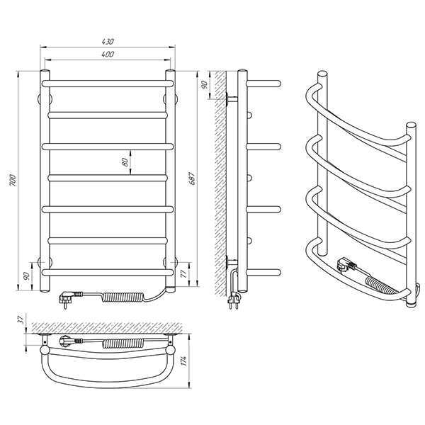 Схема - Полотенцесушитель Laris Евромикс П7 400 х 700 Э (подкл. справа)