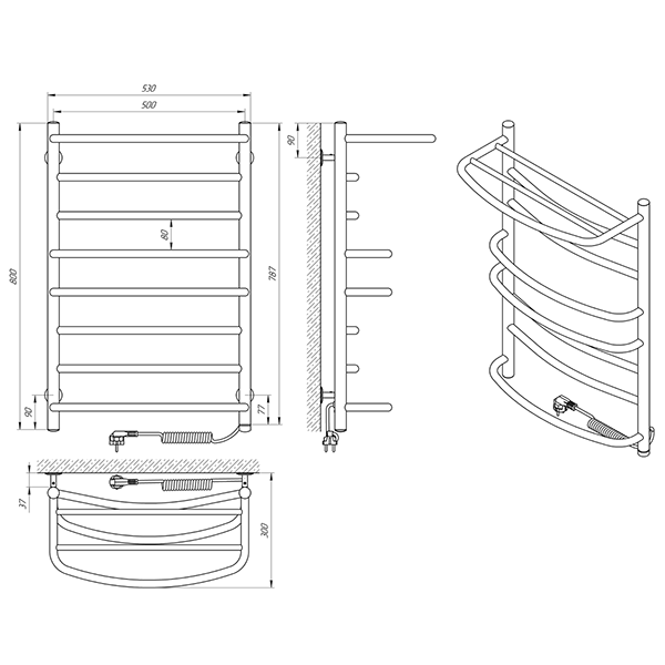 Схема - Полотенцесушитель Laris Евромикс П8 500 х 800 Э с полкой (подкл. справа)