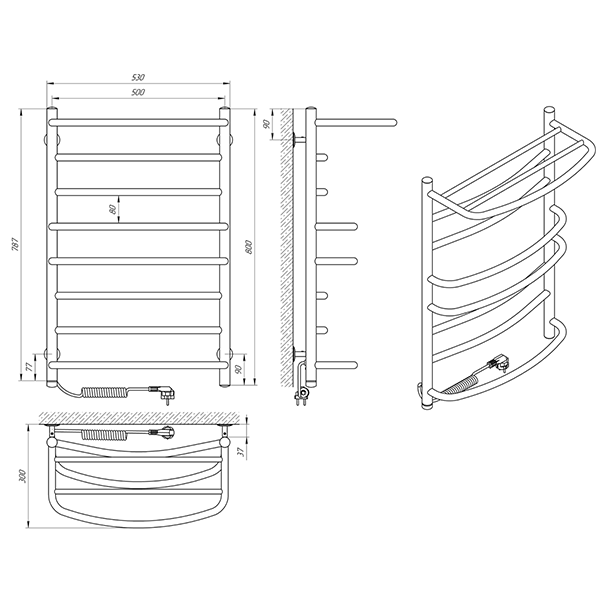 Схема - Рушникосушарка Laris Євромікс П8 500 х 800 Е з полицею (підкл. зліва)