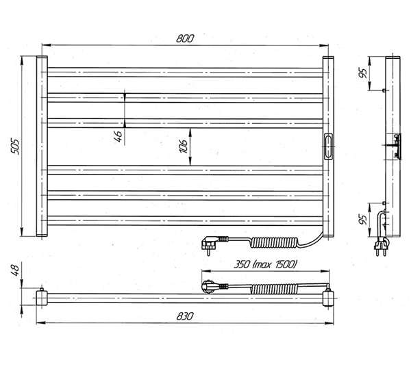 Схема - Електрична рушникосушарка Laris Зебра Горизонт ЧФЧ6 800 х 500 Е (підкл. справа) R3