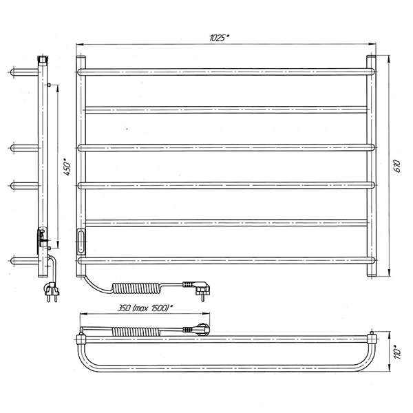 Схема - Электрический полотенцесушитель Laris Зебра Практик ЧК6 1000 х 600 Э (подкл. слева) R3