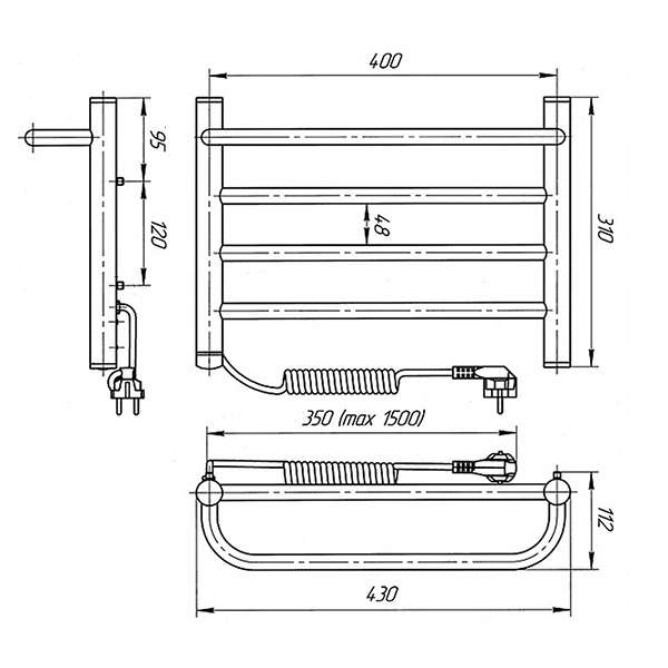Схема - Электрический полотенцесушитель Laris Зебра Прайм ЧК4 400 х 300 Э (подкл. слева)