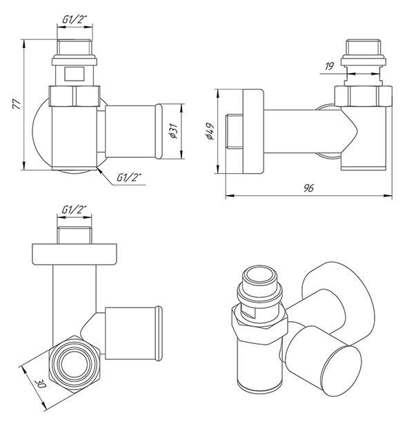 Кран кутовий Luxon Під ТЭН - LX-2044