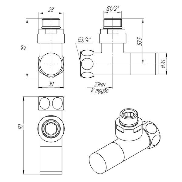 Схема - Кран кутовий Laris Звичайний 1/2" - 3/4" + ексцентрики 2шт. (LX-4701)