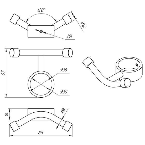 Схема - Крючок Laris ВКН-02 Классик накладной на стойку Ø30 мм