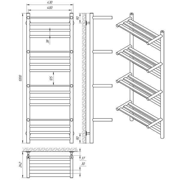 Схема - Рушникосушарка Laris Форум П16 400 х 1200 з 4-ма поличками