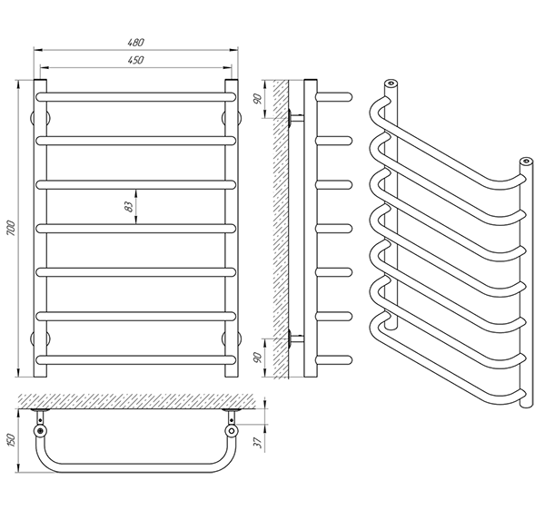 Схема - Полотенцесушитель Laris Стандарт П7 450 х 700