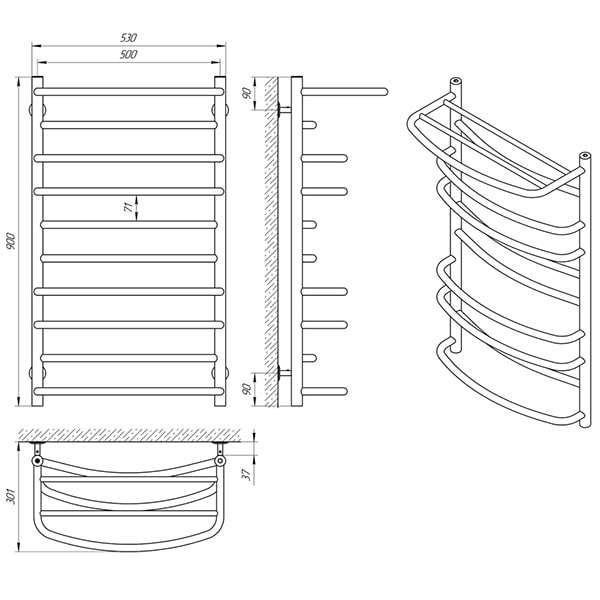 Схема - Полотенцесушитель Laris Евромикс П10 500 х 900 с полкой