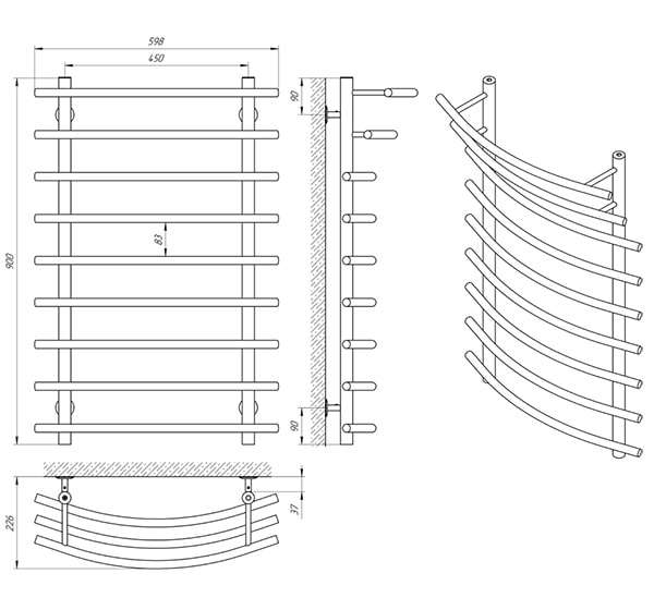 Схема - Полотенцесушитель Laris Каскад П9 450 х 900
